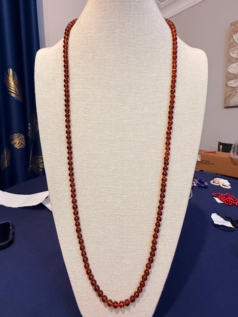 Vintage Amber Glass Bead Necklace 32”
